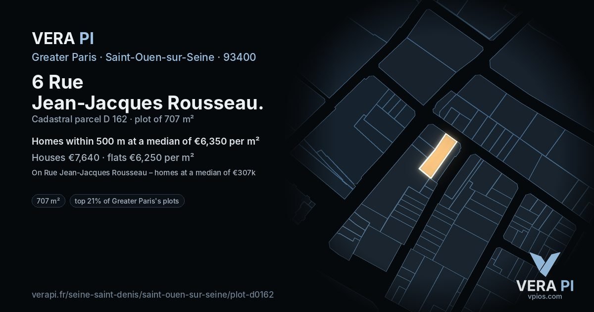 6 Rue Jean-Jacques Rousseau, Saint-Ouen-sur-Seine at night – the plot lit, the parcels around coloured by the prices near them