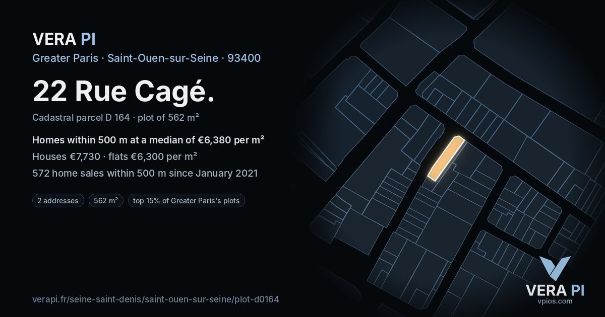 22 Rue Cagé, Saint-Ouen-sur-Seine at night – the plot lit, the parcels around coloured by the prices near them