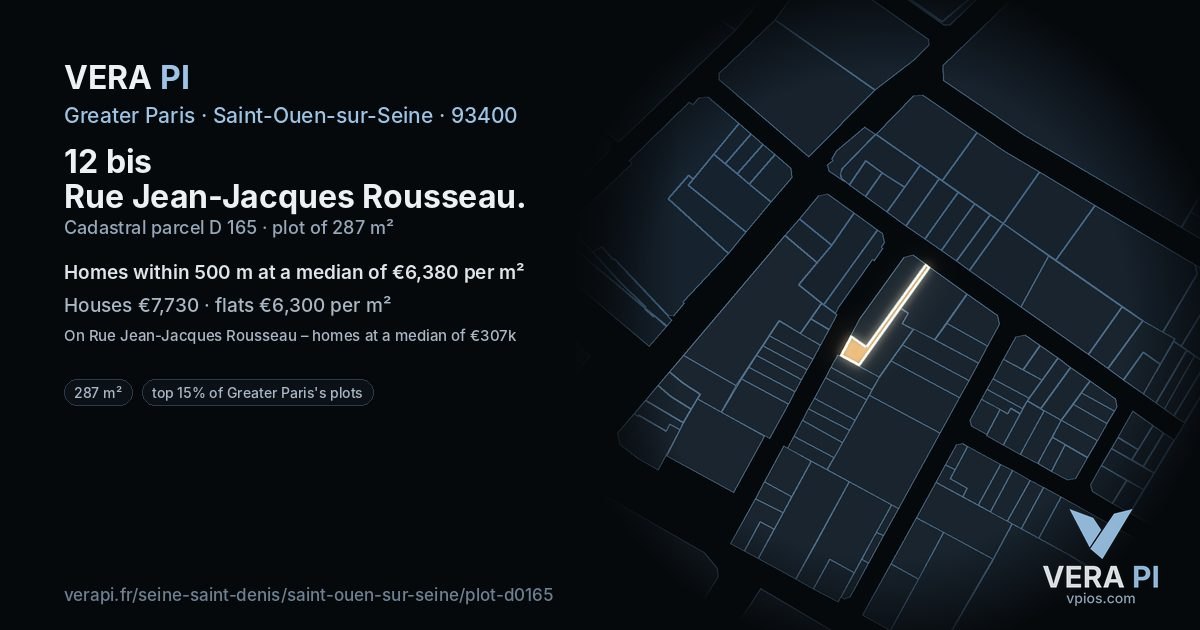12 bis Rue Jean-Jacques Rousseau, Saint-Ouen-sur-Seine at night – the plot lit, the parcels around coloured by the prices near them
