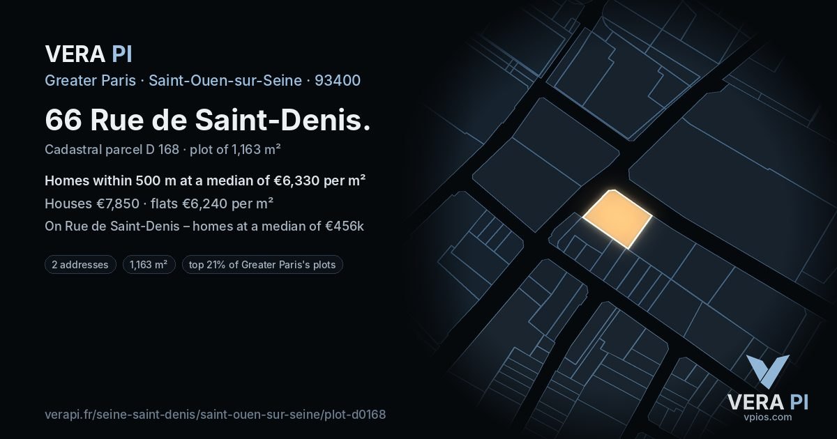 66 Rue de Saint-Denis, Saint-Ouen-sur-Seine at night – the plot lit, the parcels around coloured by the prices near them