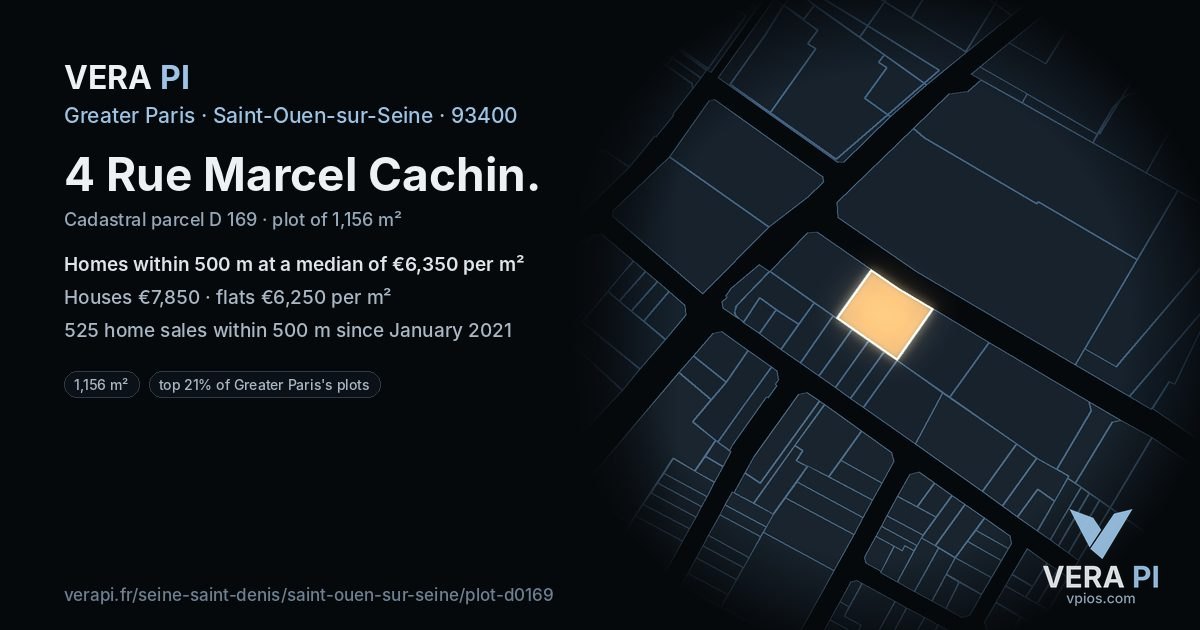 4 Rue Marcel Cachin, Saint-Ouen-sur-Seine at night – the plot lit, the parcels around coloured by the prices near them