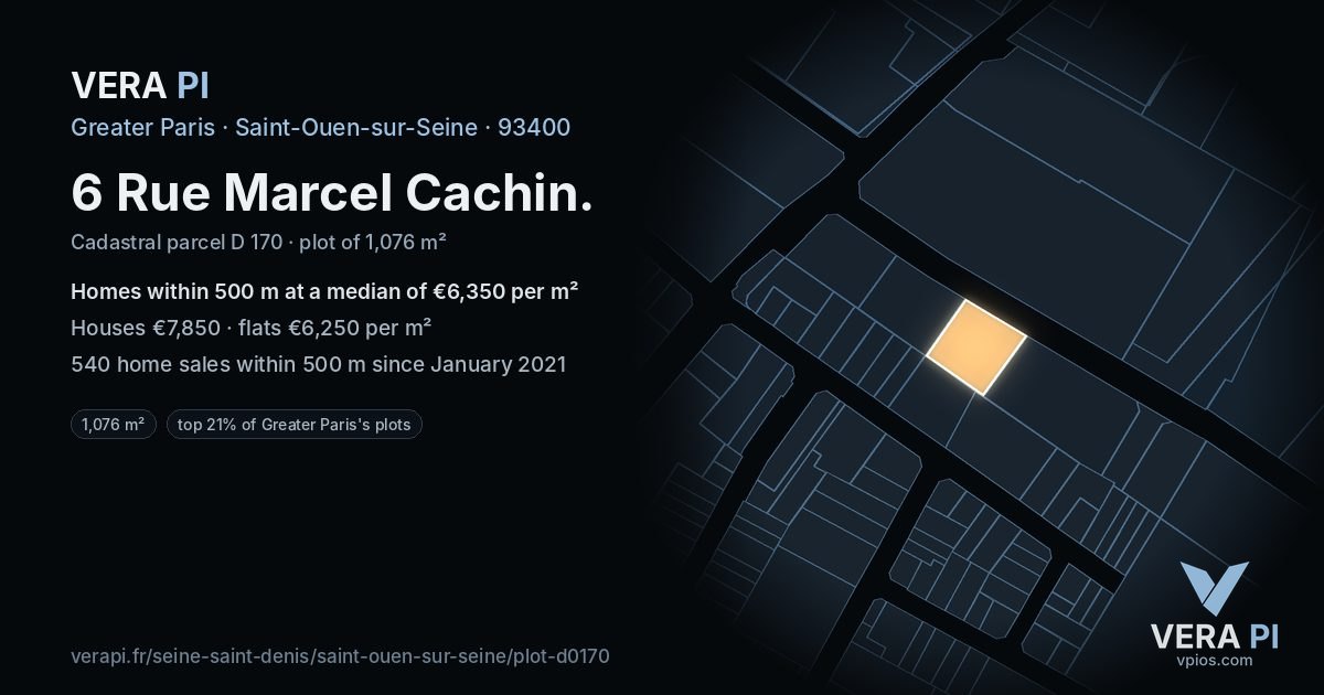 6 Rue Marcel Cachin, Saint-Ouen-sur-Seine at night – the plot lit, the parcels around coloured by the prices near them