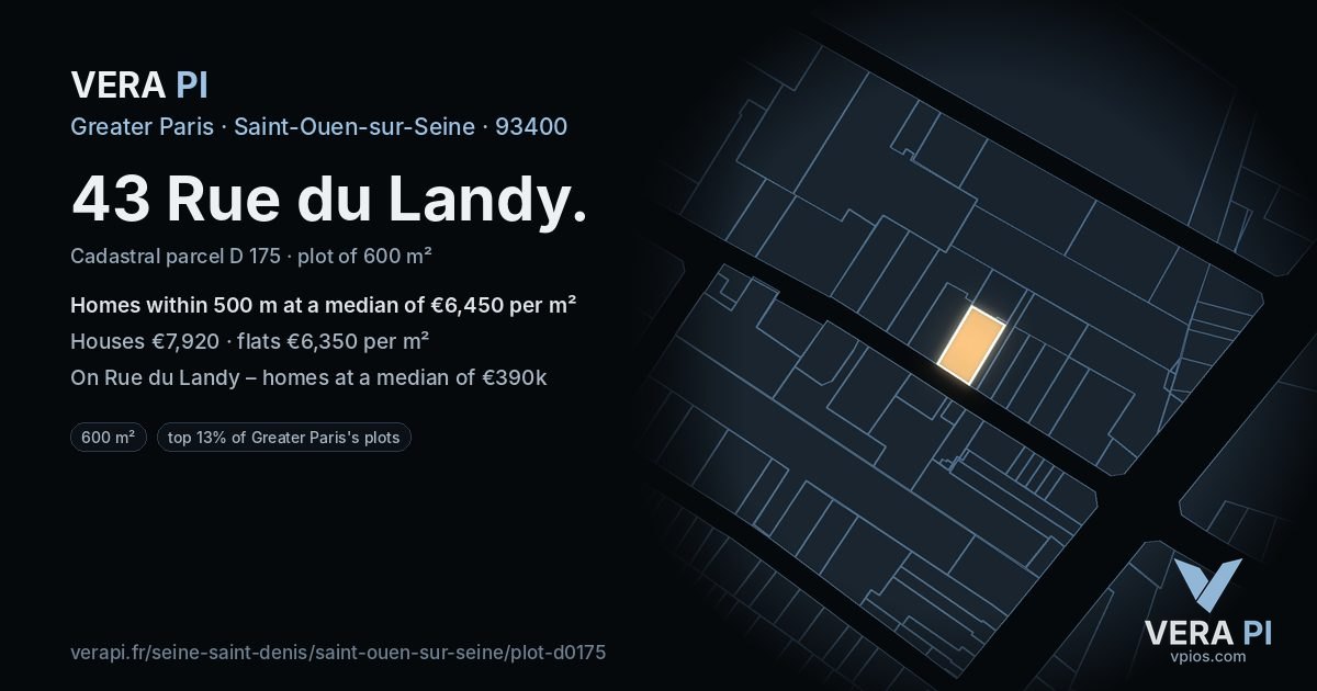43 Rue du Landy, Saint-Ouen-sur-Seine at night – the plot lit, the parcels around coloured by the prices near them