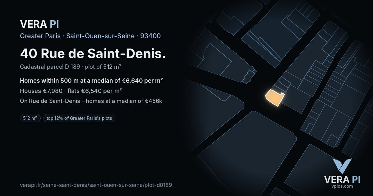 40 Rue de Saint-Denis, Saint-Ouen-sur-Seine at night – the plot lit, the parcels around coloured by the prices near them