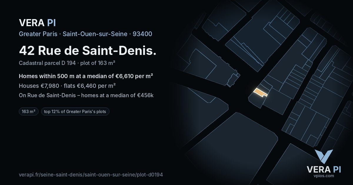 42 Rue de Saint-Denis, Saint-Ouen-sur-Seine at night – the plot lit, the parcels around coloured by the prices near them