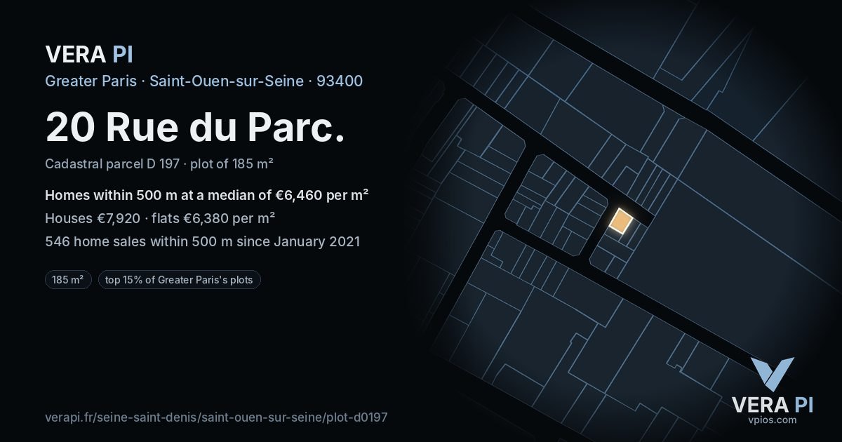 20 Rue du Parc, Saint-Ouen-sur-Seine at night – the plot lit, the parcels around coloured by the prices near them