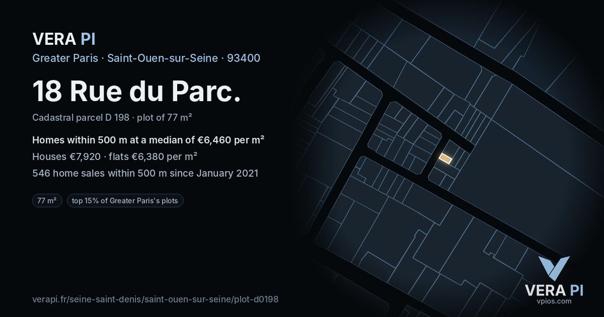 18 Rue du Parc, Saint-Ouen-sur-Seine at night – the plot lit, the parcels around coloured by the prices near them