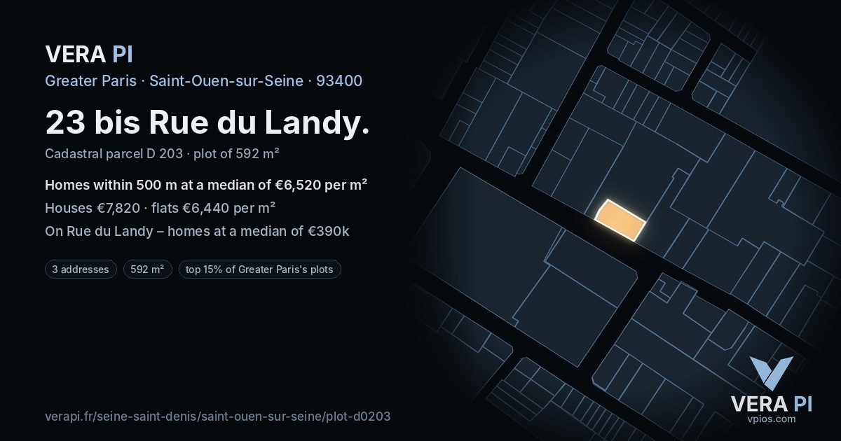 23 bis Rue du Landy, Saint-Ouen-sur-Seine at night – the plot lit, the parcels around coloured by the prices near them
