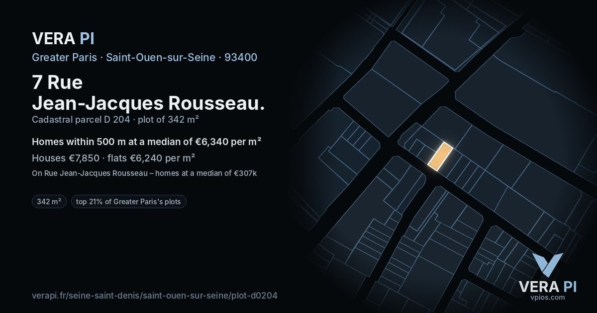 7 Rue Jean-Jacques Rousseau, Saint-Ouen-sur-Seine at night – the plot lit, the parcels around coloured by the prices near them