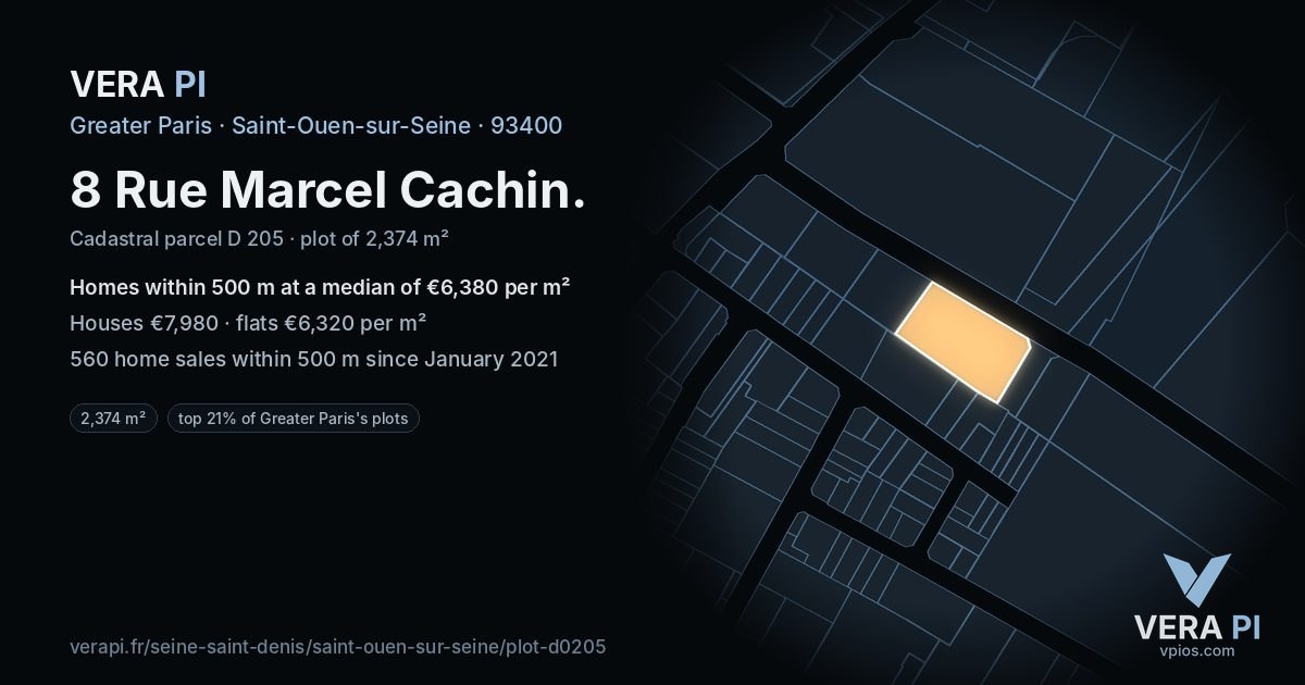 8 Rue Marcel Cachin, Saint-Ouen-sur-Seine at night – the plot lit, the parcels around coloured by the prices near them
