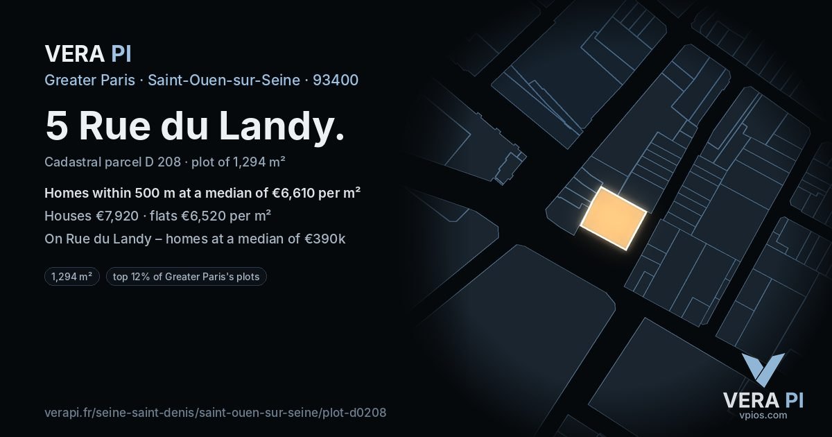 5 Rue du Landy, Saint-Ouen-sur-Seine at night – the plot lit, the parcels around coloured by the prices near them