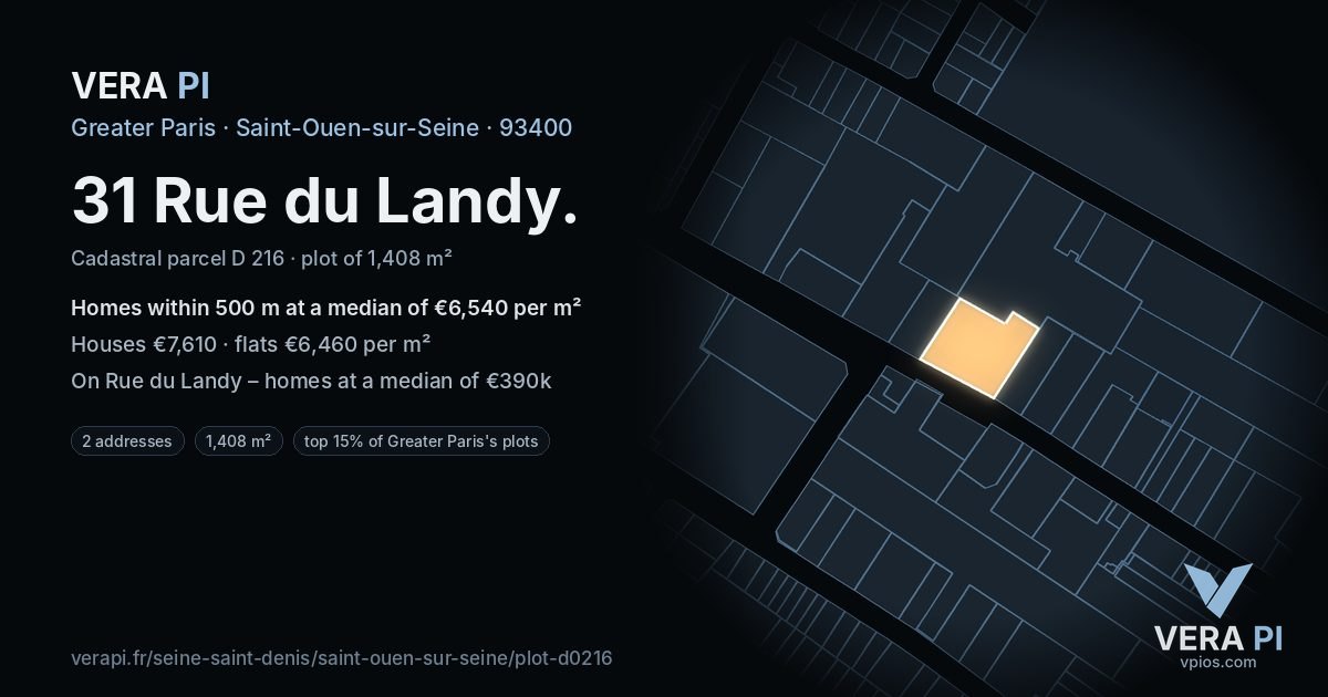 31 Rue du Landy, Saint-Ouen-sur-Seine at night – the plot lit, the parcels around coloured by the prices near them