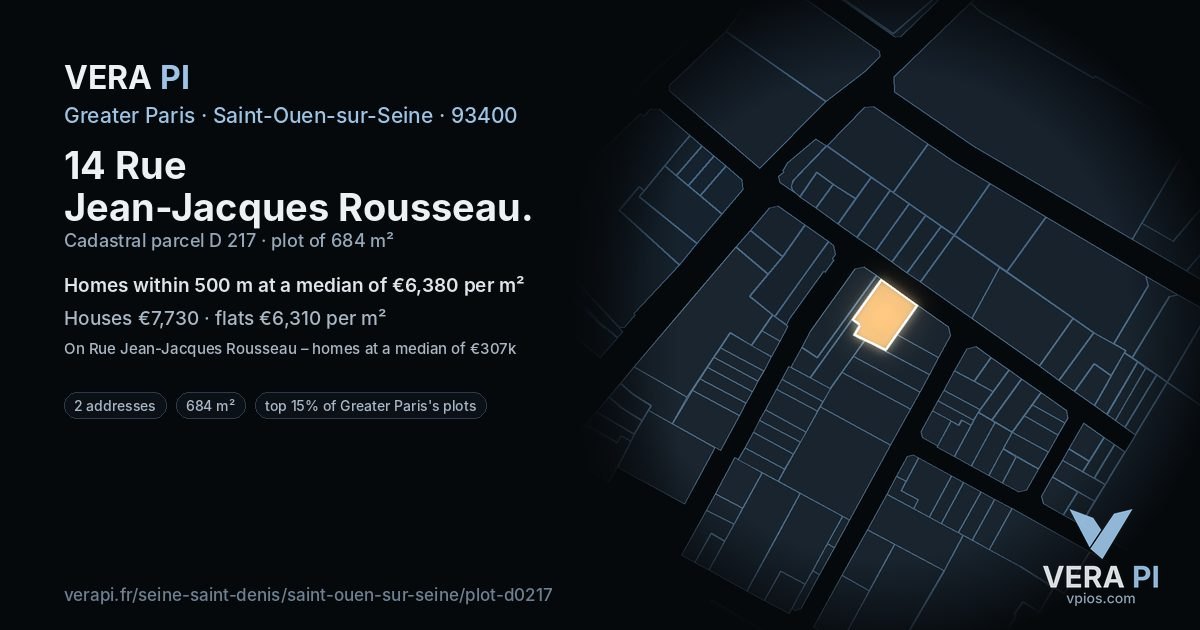 14 Rue Jean-Jacques Rousseau, Saint-Ouen-sur-Seine at night – the plot lit, the parcels around coloured by the prices near them