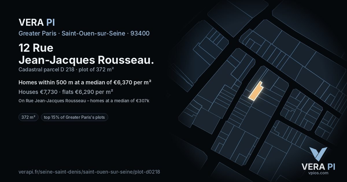 12 Rue Jean-Jacques Rousseau, Saint-Ouen-sur-Seine at night – the plot lit, the parcels around coloured by the prices near them