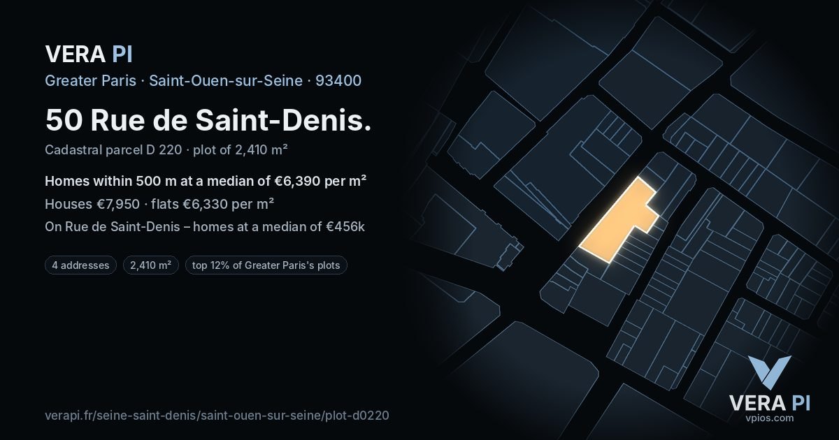 50 Rue de Saint-Denis, Saint-Ouen-sur-Seine at night – the plot lit, the parcels around coloured by the prices near them