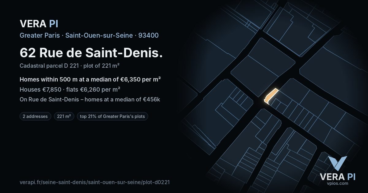 62 Rue de Saint-Denis, Saint-Ouen-sur-Seine at night – the plot lit, the parcels around coloured by the prices near them