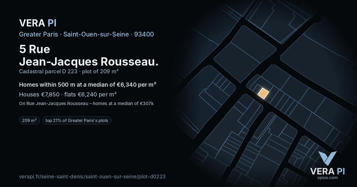 5 Rue Jean-Jacques Rousseau, Saint-Ouen-sur-Seine at night – the plot lit, the parcels around coloured by the prices near them