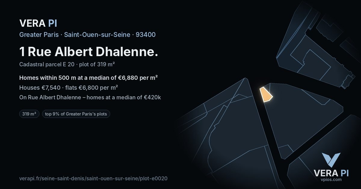 1 Rue Albert Dhalenne, Saint-Ouen-sur-Seine at night – the plot lit, the parcels around coloured by the prices near them