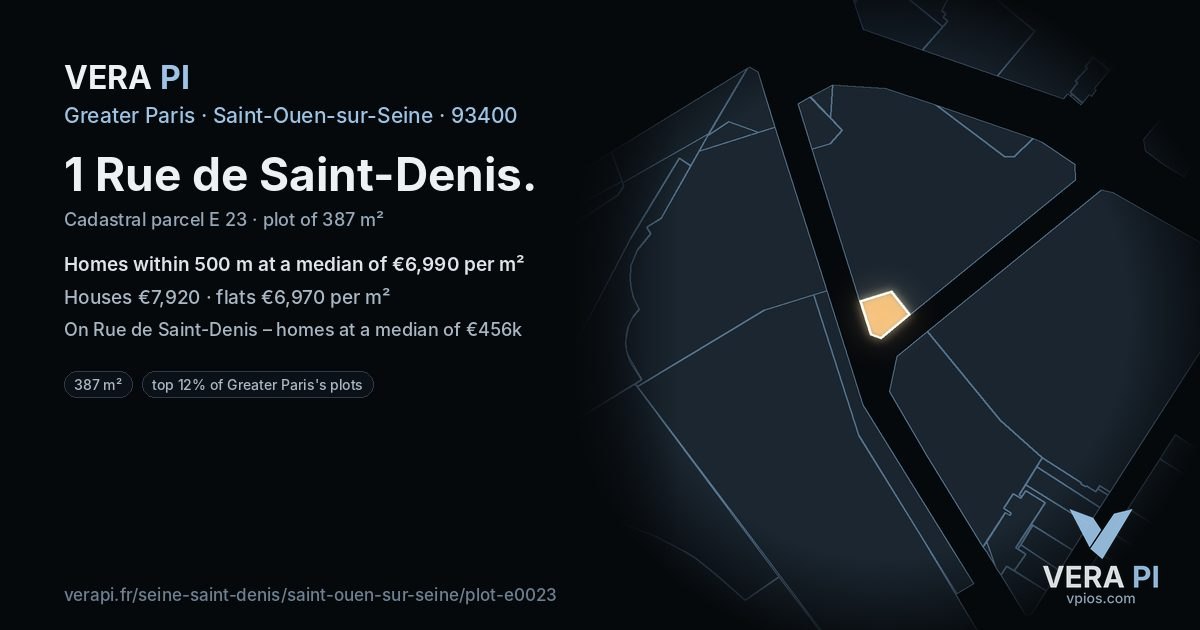 1 Rue de Saint-Denis, Saint-Ouen-sur-Seine at night – the plot lit, the parcels around coloured by the prices near them