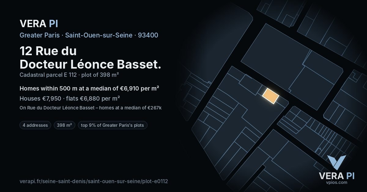 12 Rue du Docteur Léonce Basset, Saint-Ouen-sur-Seine at night – the plot lit, the parcels around coloured by the prices near them