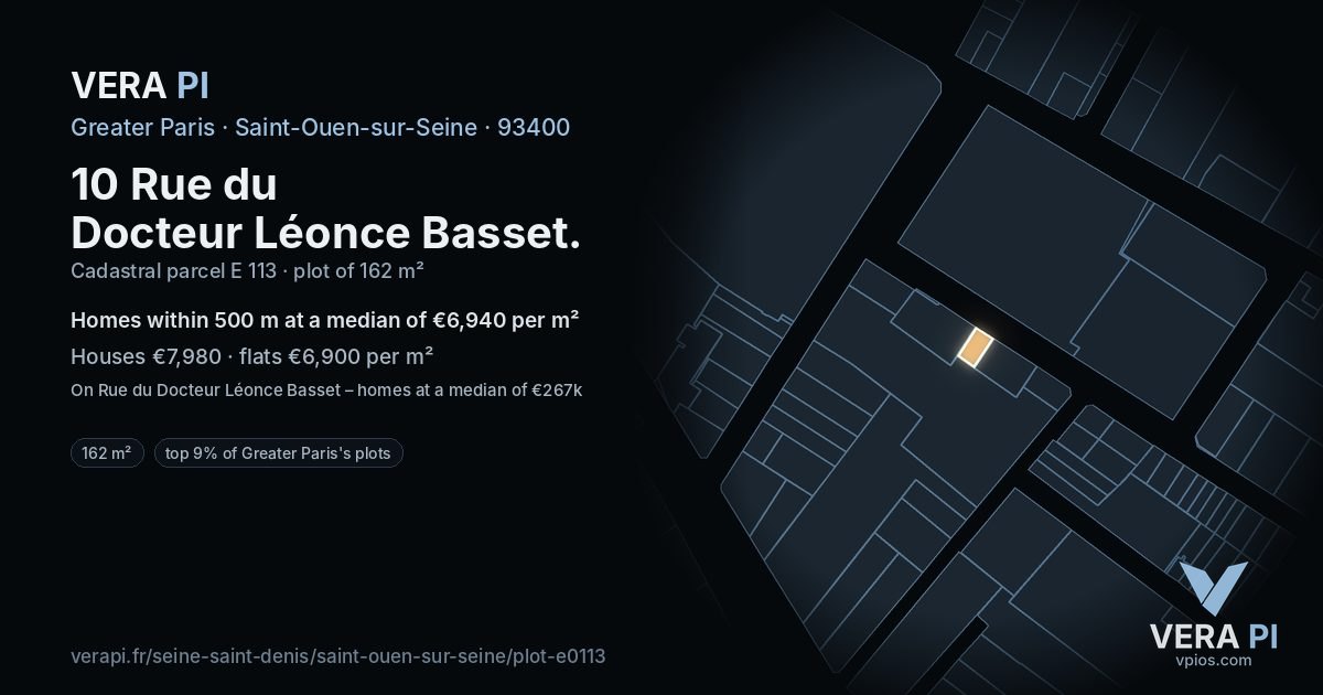 10 Rue du Docteur Léonce Basset, Saint-Ouen-sur-Seine at night – the plot lit, the parcels around coloured by the prices near them