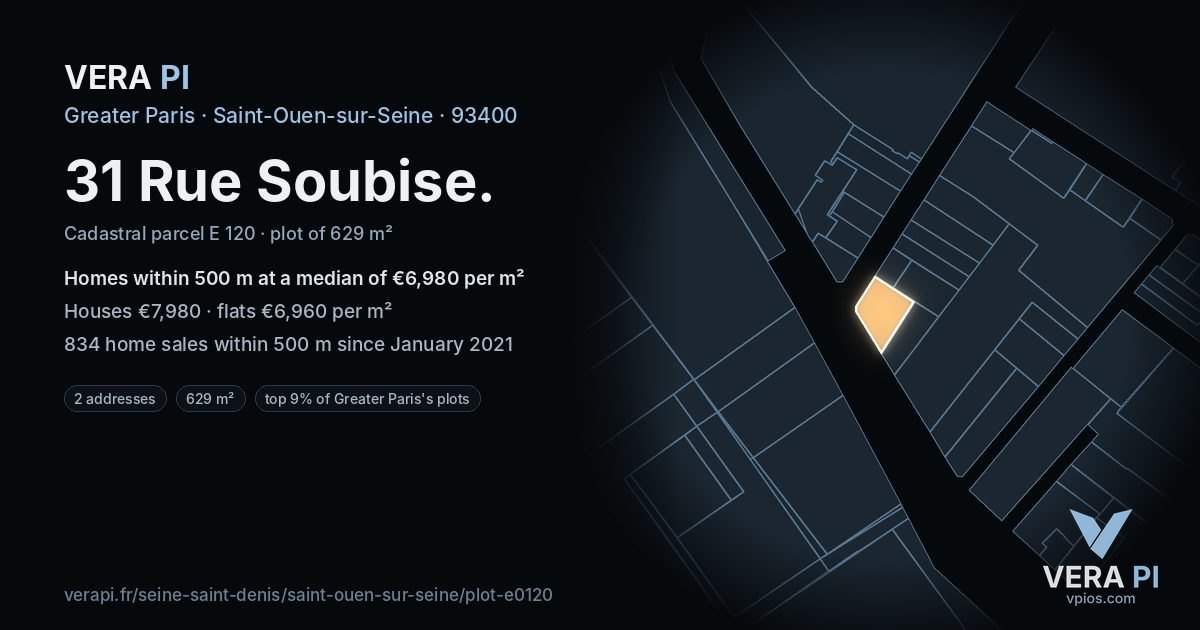 31 Rue Soubise, Saint-Ouen-sur-Seine at night – the plot lit, the parcels around coloured by the prices near them