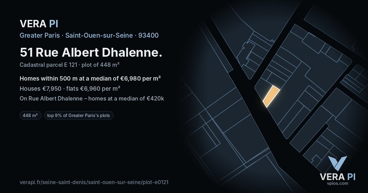 51 Rue Albert Dhalenne, Saint-Ouen-sur-Seine at night – the plot lit, the parcels around coloured by the prices near them