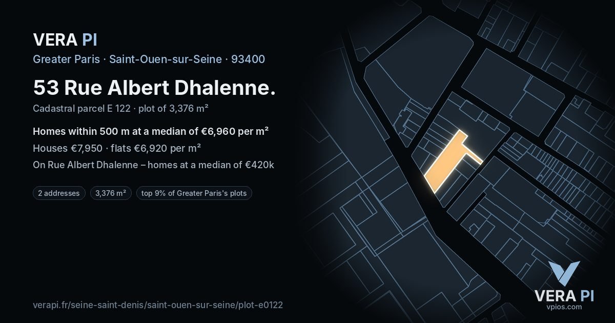 53 Rue Albert Dhalenne, Saint-Ouen-sur-Seine at night – the plot lit, the parcels around coloured by the prices near them