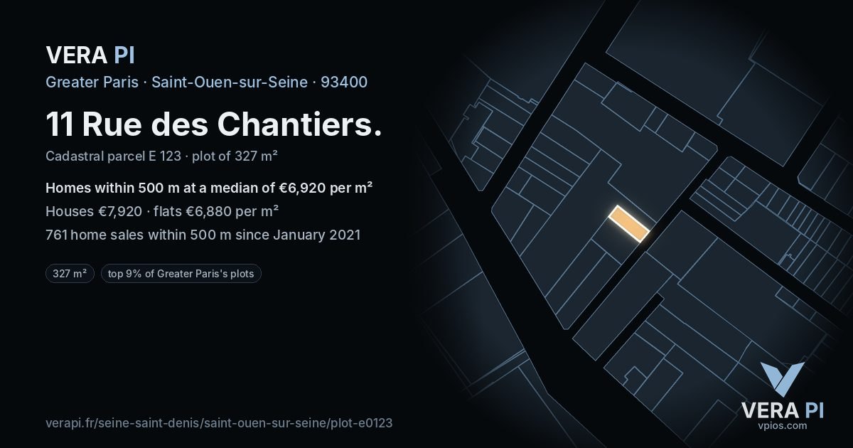 11 Rue des Chantiers, Saint-Ouen-sur-Seine at night – the plot lit, the parcels around coloured by the prices near them