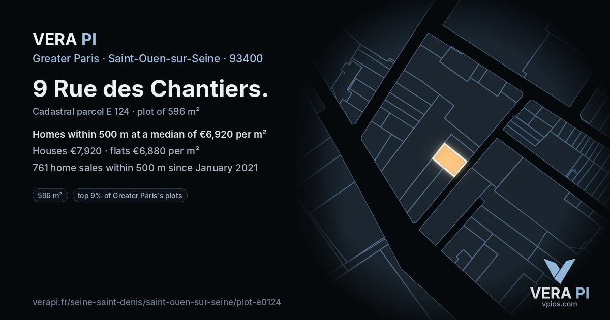 9 Rue des Chantiers, Saint-Ouen-sur-Seine at night – the plot lit, the parcels around coloured by the prices near them