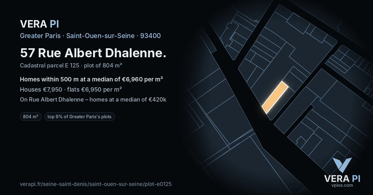 57 Rue Albert Dhalenne, Saint-Ouen-sur-Seine at night – the plot lit, the parcels around coloured by the prices near them