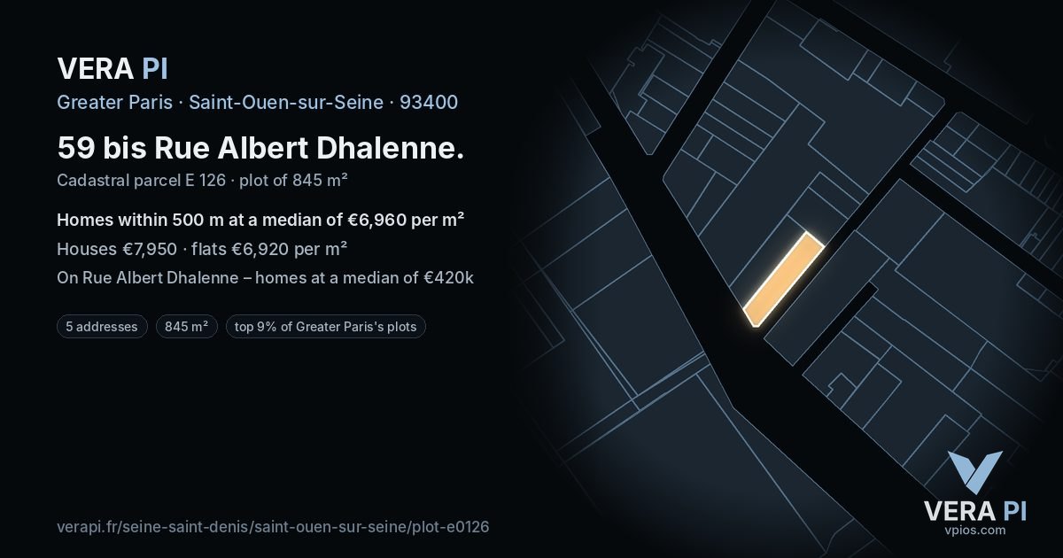 59 bis Rue Albert Dhalenne, Saint-Ouen-sur-Seine at night – the plot lit, the parcels around coloured by the prices near them