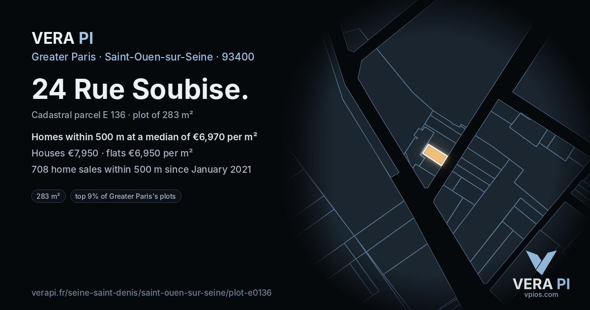 24 Rue Soubise, Saint-Ouen-sur-Seine at night – the plot lit, the parcels around coloured by the prices near them