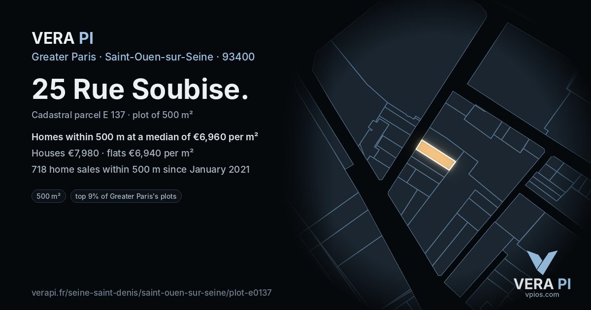 25 Rue Soubise, Saint-Ouen-sur-Seine at night – the plot lit, the parcels around coloured by the prices near them
