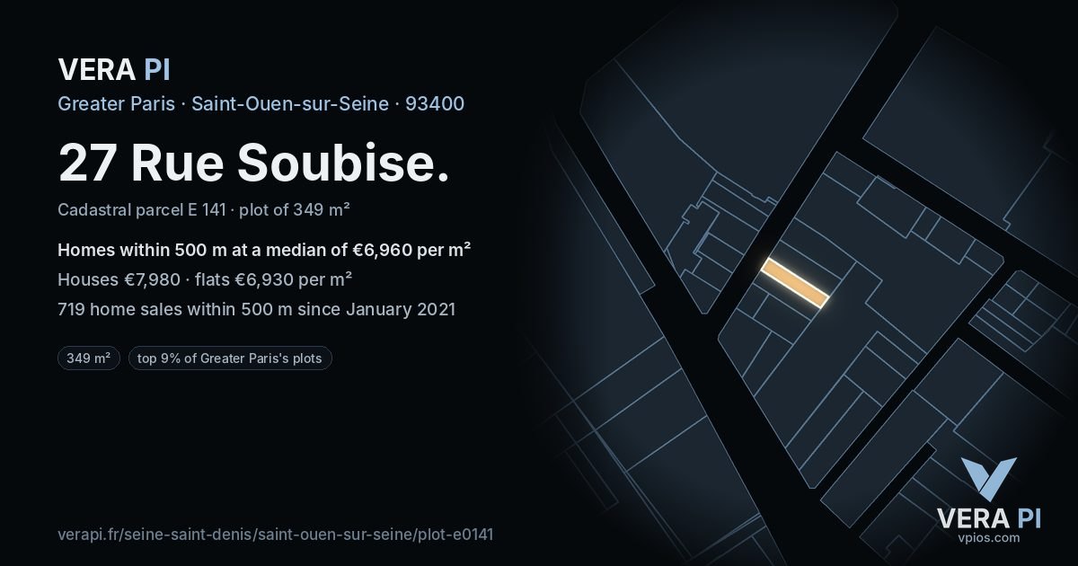 27 Rue Soubise, Saint-Ouen-sur-Seine at night – the plot lit, the parcels around coloured by the prices near them