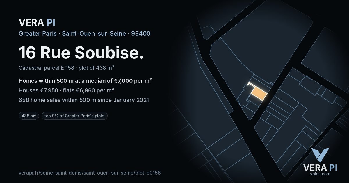 16 Rue Soubise, Saint-Ouen-sur-Seine at night – the plot lit, the parcels around coloured by the prices near them