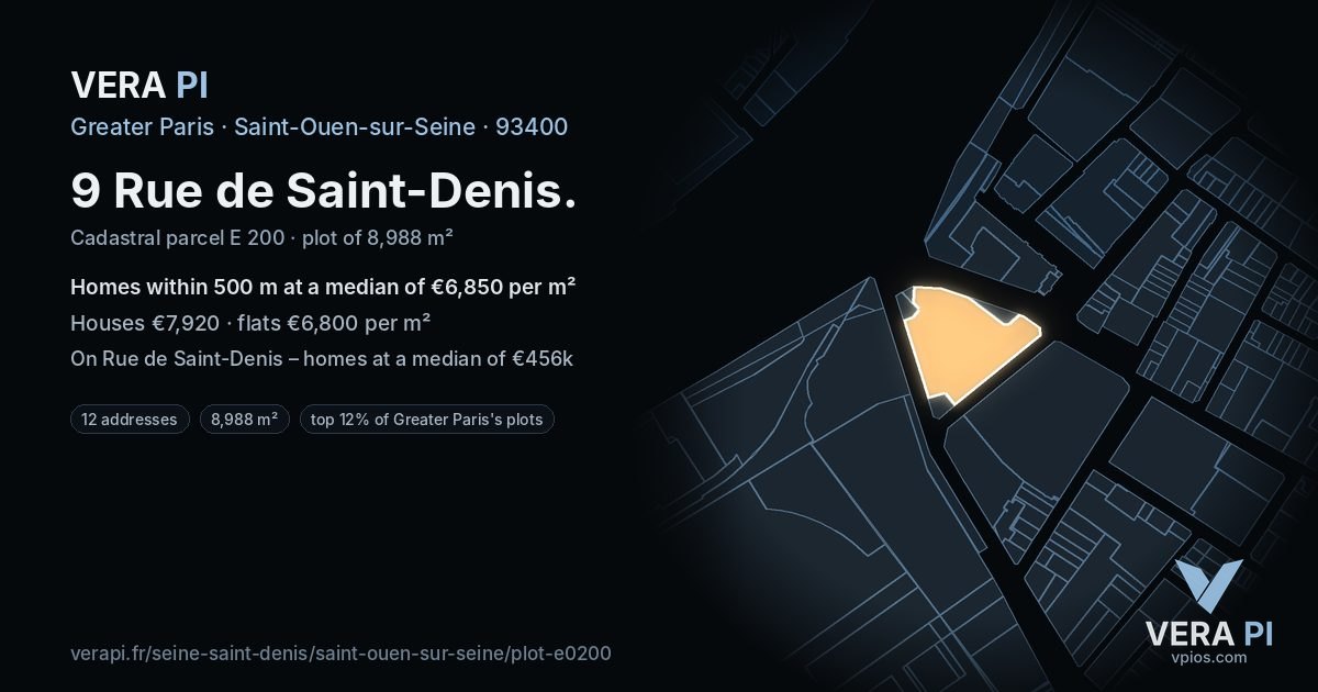9 Rue de Saint-Denis, Saint-Ouen-sur-Seine at night – the plot lit, the parcels around coloured by the prices near them