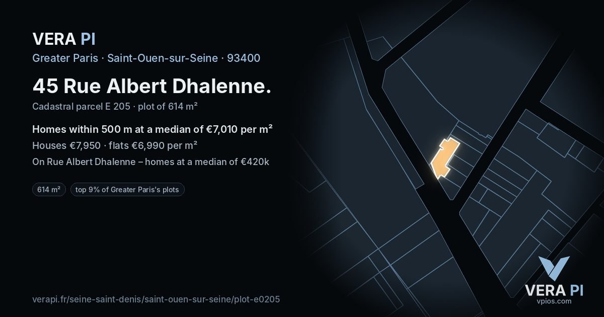 45 Rue Albert Dhalenne, Saint-Ouen-sur-Seine at night – the plot lit, the parcels around coloured by the prices near them