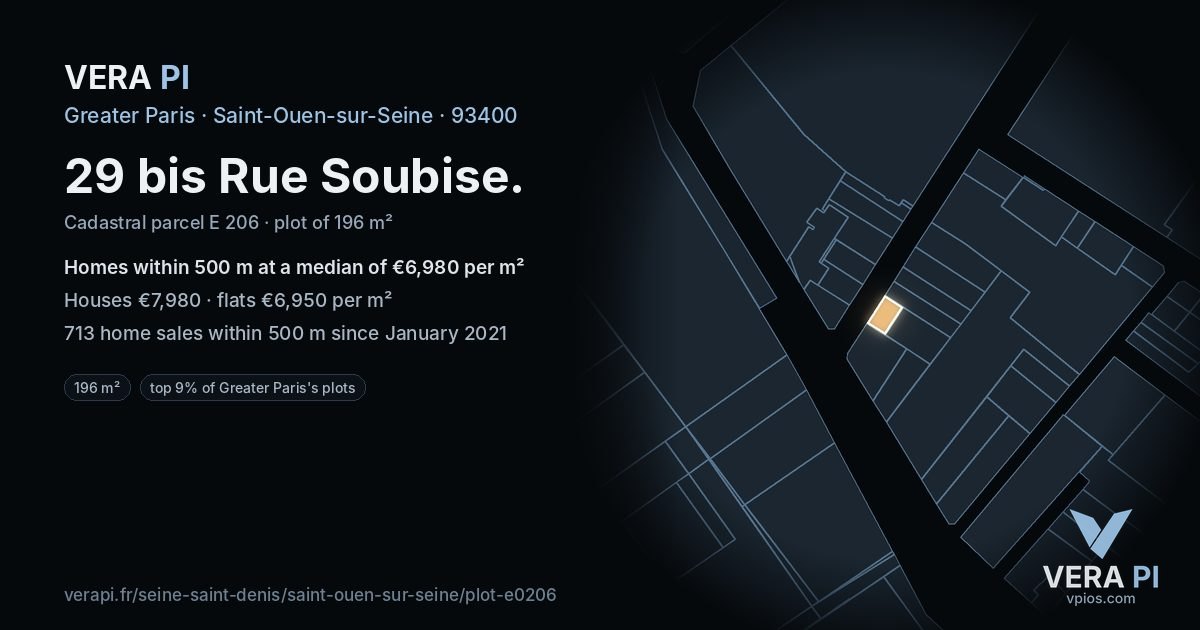 29 bis Rue Soubise, Saint-Ouen-sur-Seine at night – the plot lit, the parcels around coloured by the prices near them
