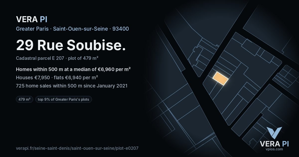 29 Rue Soubise, Saint-Ouen-sur-Seine at night – the plot lit, the parcels around coloured by the prices near them