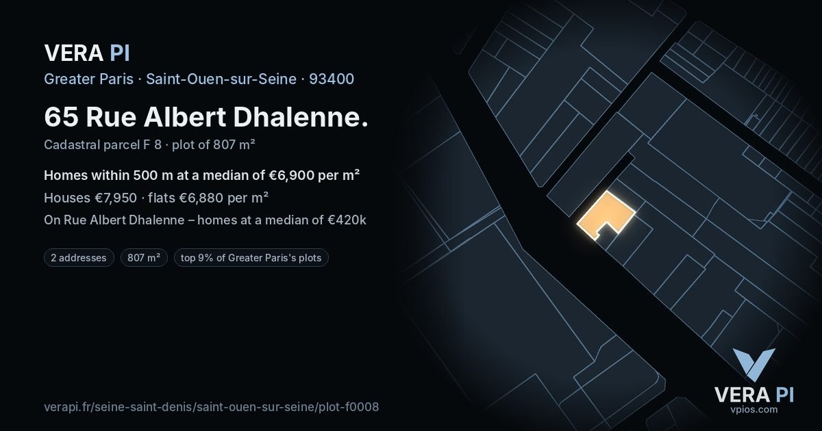 65 Rue Albert Dhalenne, Saint-Ouen-sur-Seine at night – the plot lit, the parcels around coloured by the prices near them
