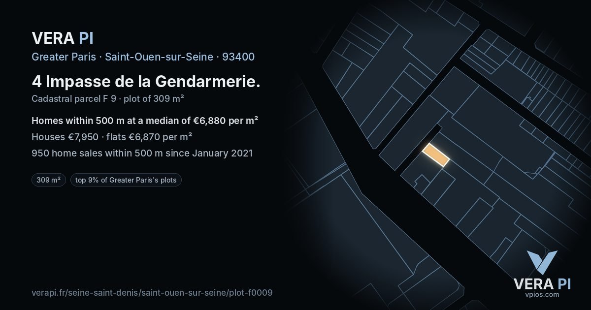 4 Impasse de la Gendarmerie, Saint-Ouen-sur-Seine at night – the plot lit, the parcels around coloured by the prices near them