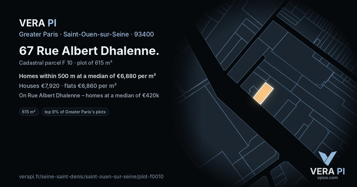 67 Rue Albert Dhalenne, Saint-Ouen-sur-Seine at night – the plot lit, the parcels around coloured by the prices near them