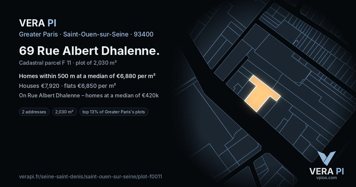 69 Rue Albert Dhalenne, Saint-Ouen-sur-Seine at night – the plot lit, the parcels around coloured by the prices near them
