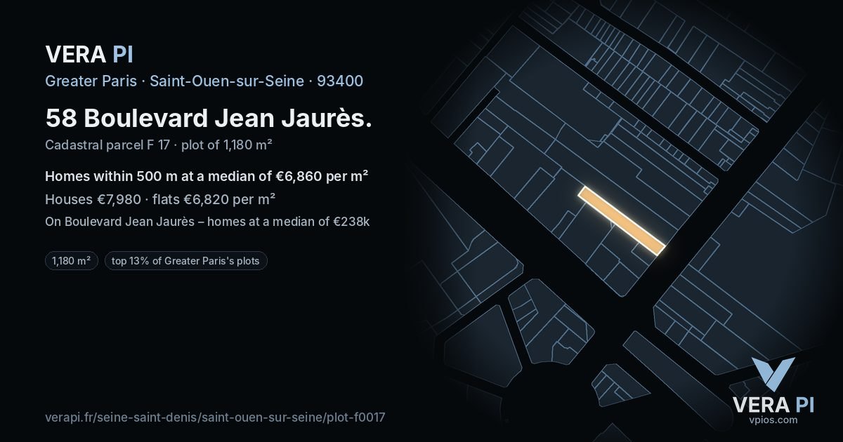 58 Boulevard Jean Jaurès, Saint-Ouen-sur-Seine at night – the plot lit, the parcels around coloured by the prices near them