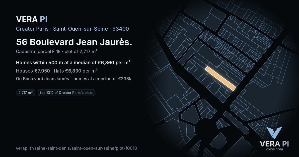 56 Boulevard Jean Jaurès, Saint-Ouen-sur-Seine at night – the plot lit, the parcels around coloured by the prices near them