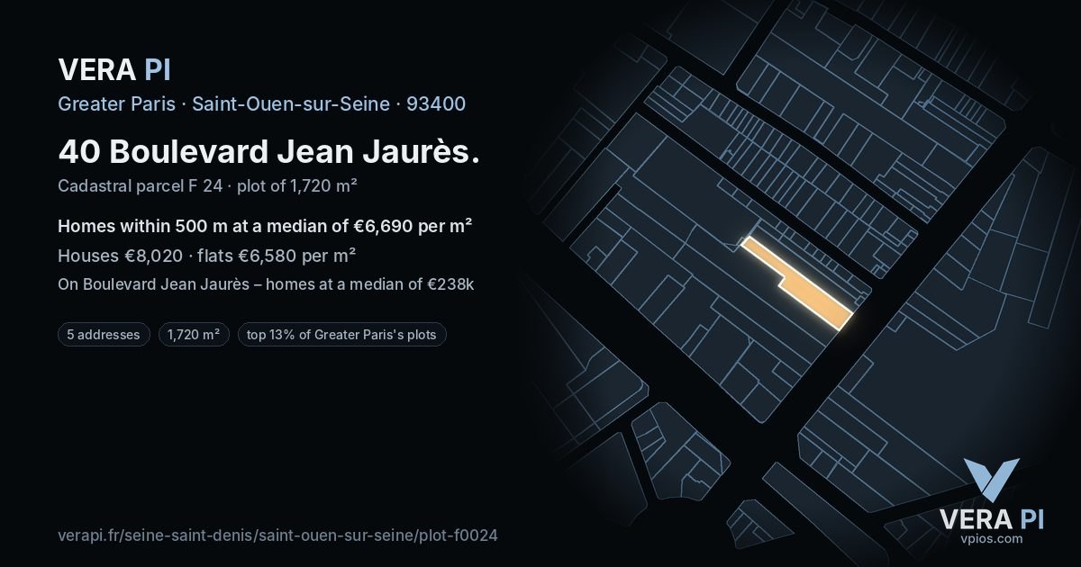 40 Boulevard Jean Jaurès, Saint-Ouen-sur-Seine at night – the plot lit, the parcels around coloured by the prices near them