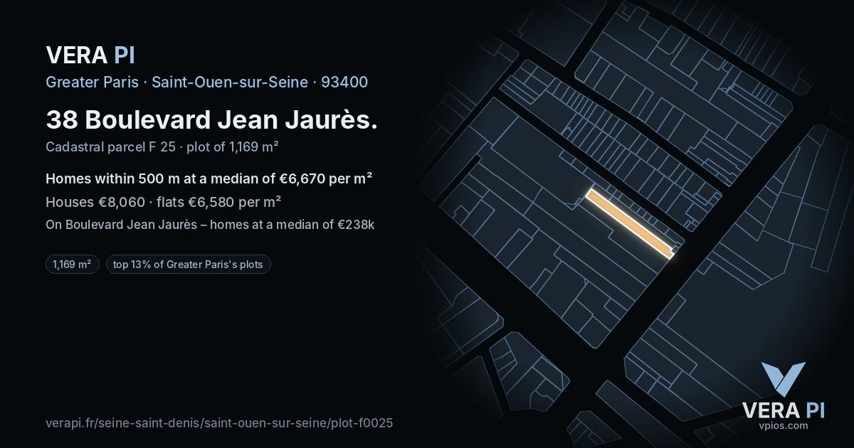 38 Boulevard Jean Jaurès, Saint-Ouen-sur-Seine at night – the plot lit, the parcels around coloured by the prices near them