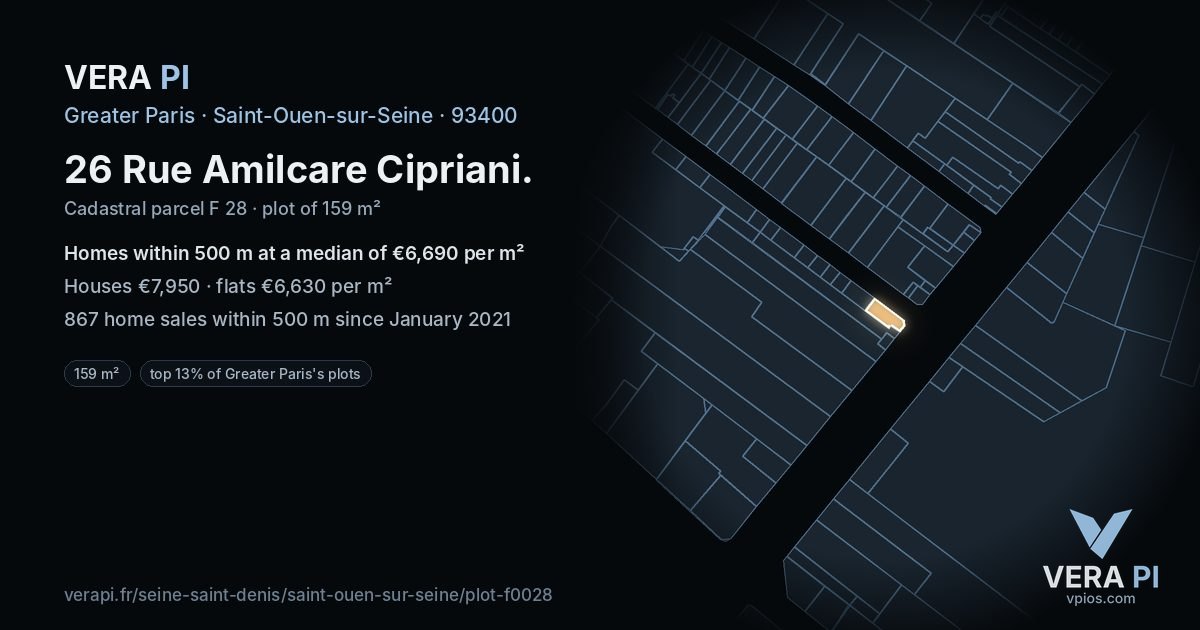 26 Rue Amilcare Cipriani, Saint-Ouen-sur-Seine at night – the plot lit, the parcels around coloured by the prices near them