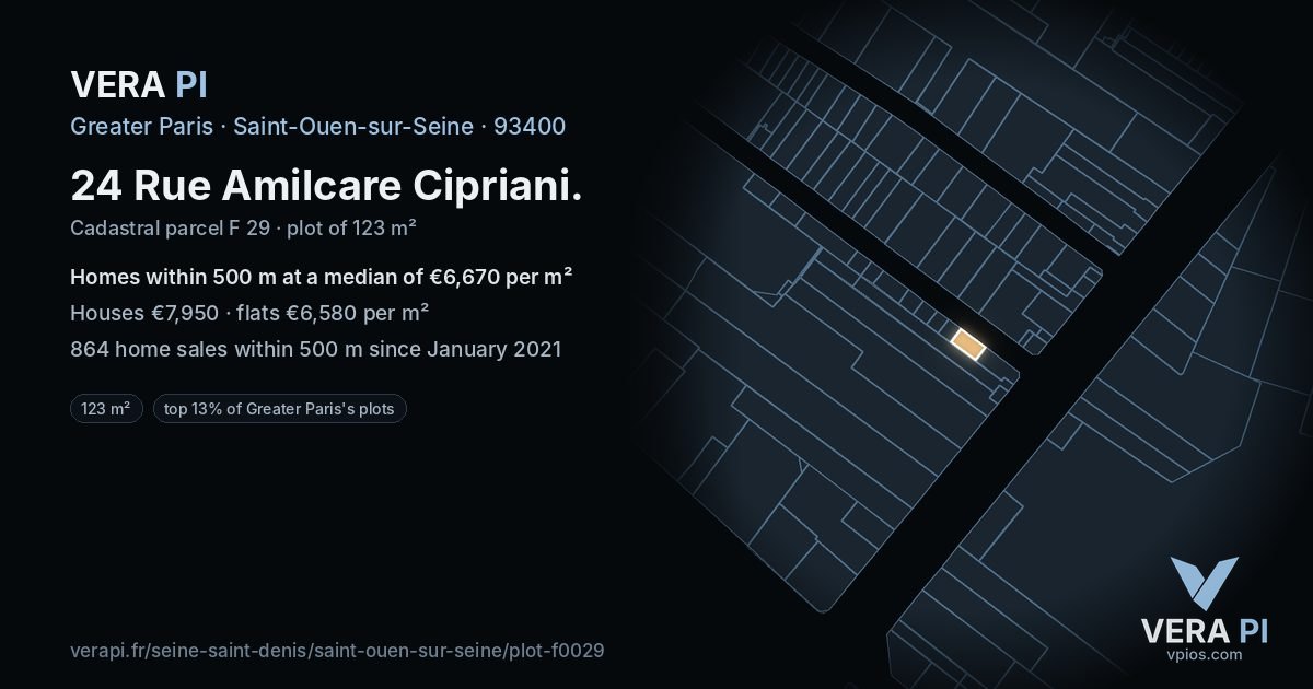 24 Rue Amilcare Cipriani, Saint-Ouen-sur-Seine at night – the plot lit, the parcels around coloured by the prices near them
